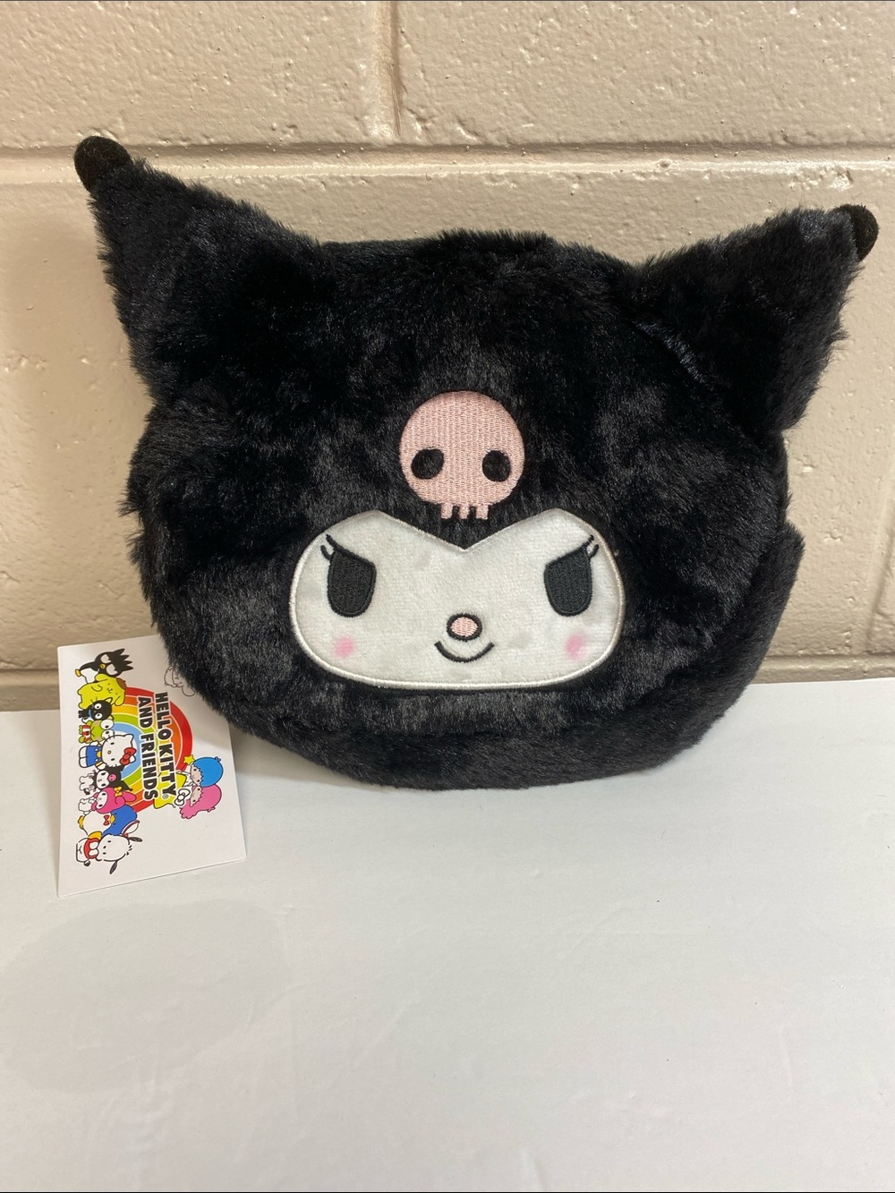 Sanrio Kuromi Plush Face Pouch in Black with Pink Skull. NWT